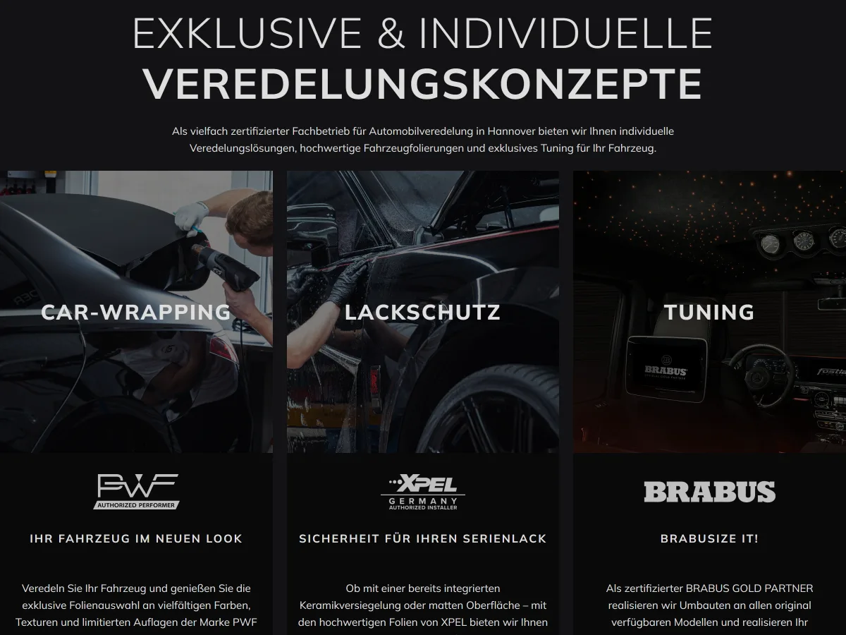 Leistungsübersicht von fostla.de mit Car-Wrapping, Lackschutz und Tuning