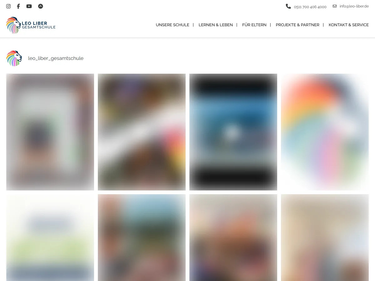 Kopfbereich der Leo Liber Gesamtschule mit Navigation und Instagram-Feed (Fotos unkenntlich gemacht)
