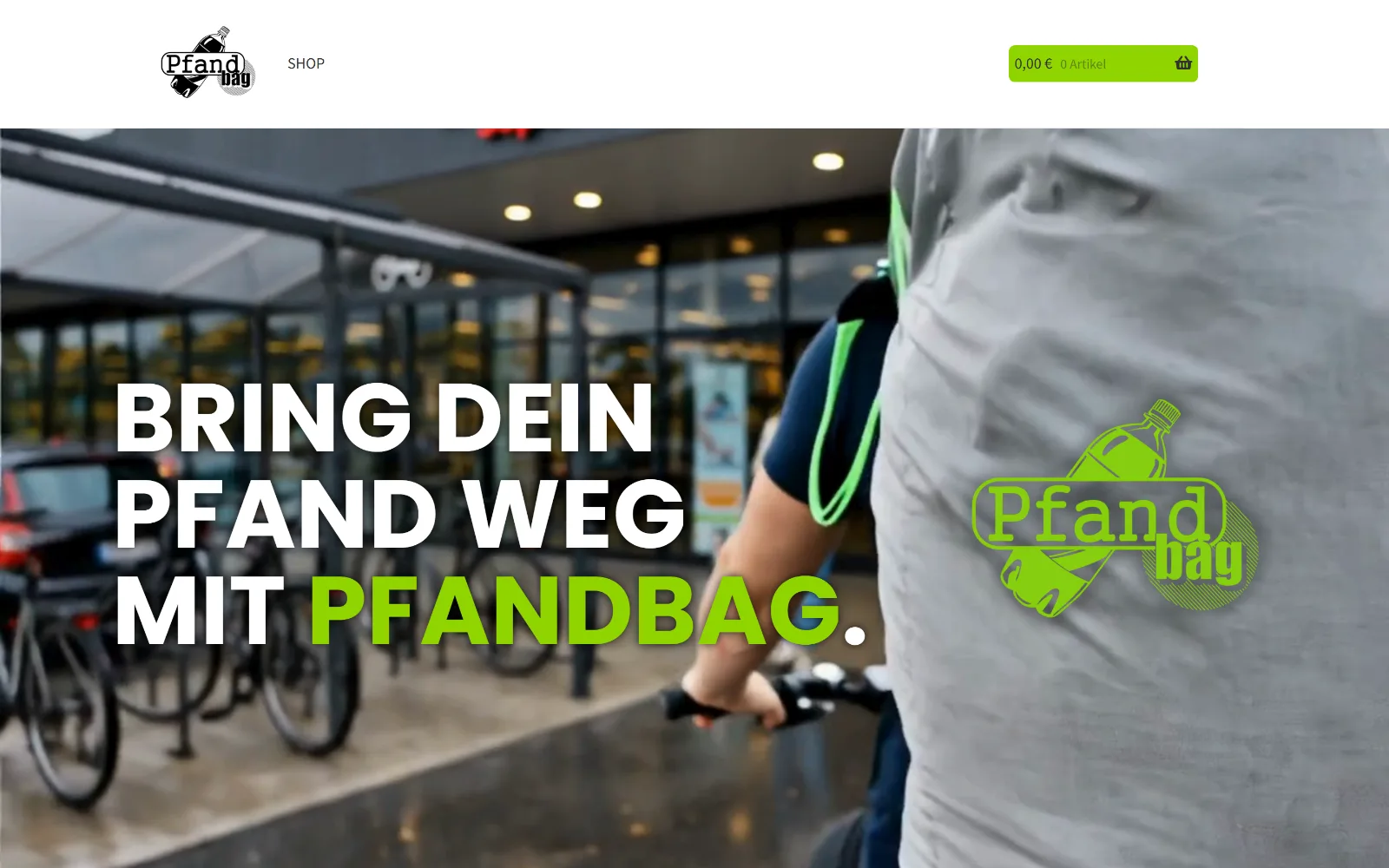 Startseite von Pfandbag am Desktop mit Titelbild „Bring dein Pfand weg mit Pfandbag“