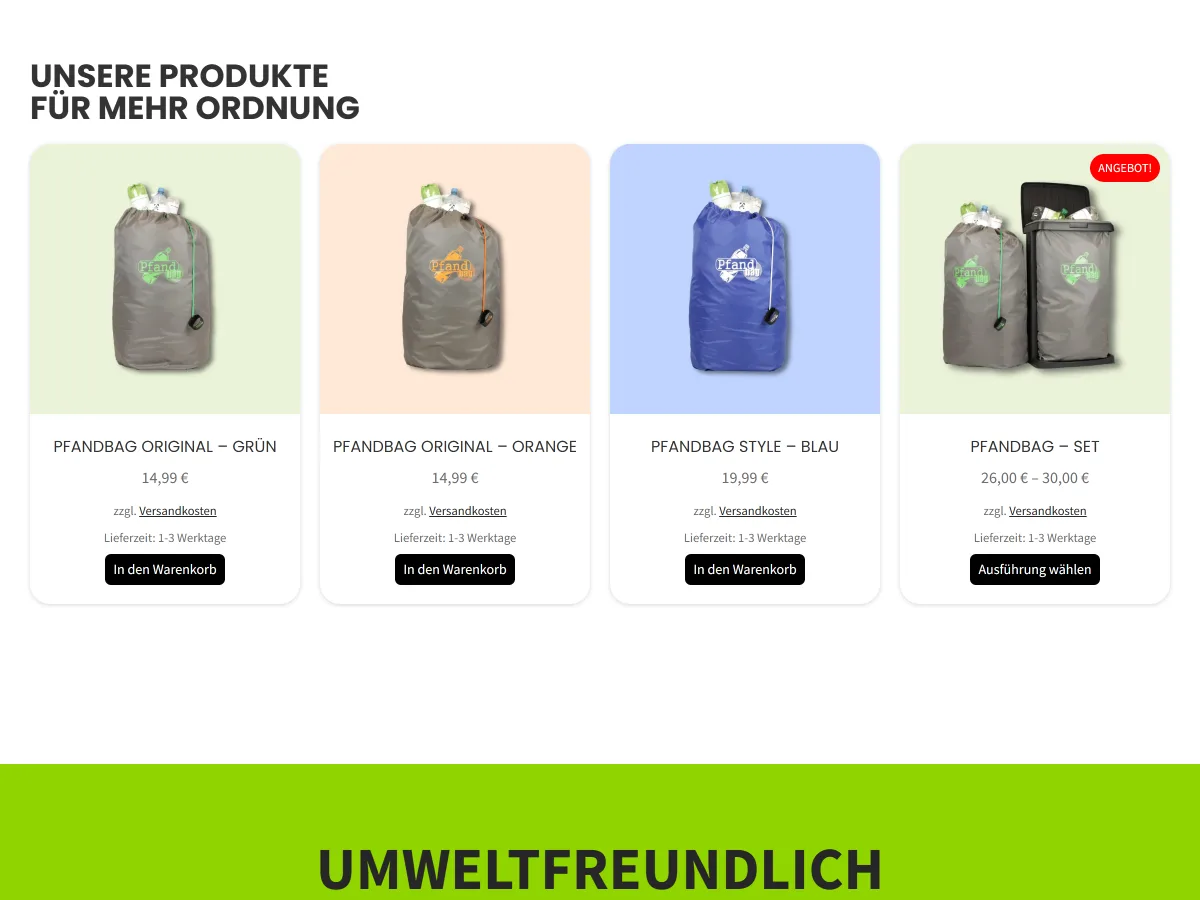 Produktübersicht von Pfandbag mit vier Taschen, Preisen und Warenkorb-Buttons