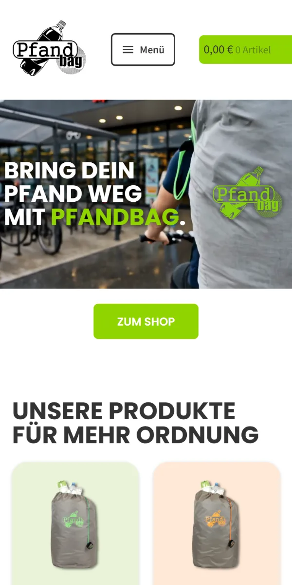 Startseite von Pfandbag auf dem Smartphone mit Titelbild und Produktübersicht