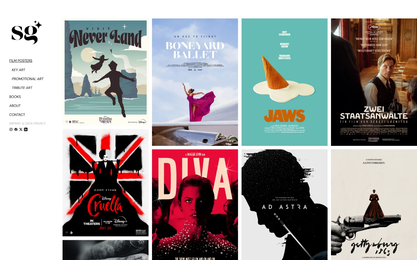Startseite von SG Posters am Desktop: Navigation links, daneben ein Raster aus Filmpostern