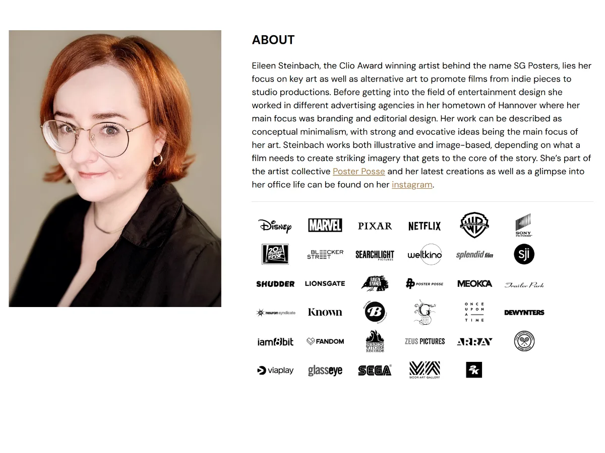 About-Seite von SG Posters mit Porträt, Kurzbiografie und Logos der Auftraggeber