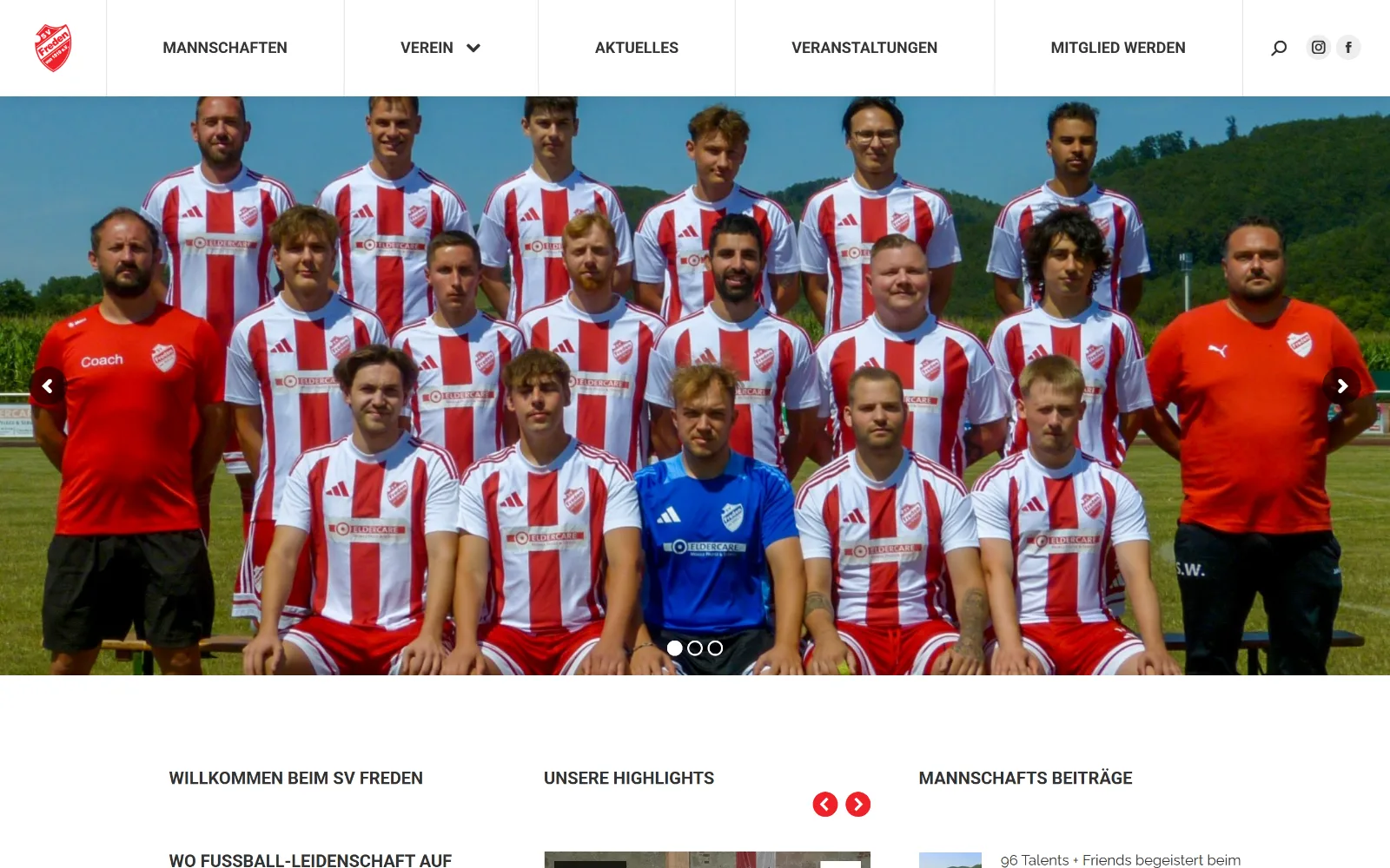 Startseite des SV Freden am Desktop mit Mannschaftsfoto im Slider unter der Hauptnavigation