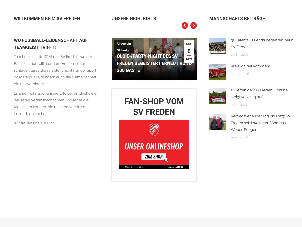 Startseitenbereich des SV Freden mit Begrüßung, Highlights, Fan-Shop und Mannschaftsbeiträgen