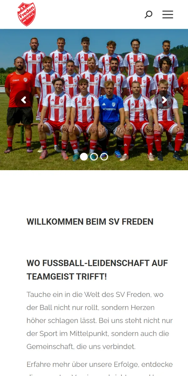 Startseite des SV Freden auf dem Smartphone mit Mannschaftsfoto und Begrüßungstext