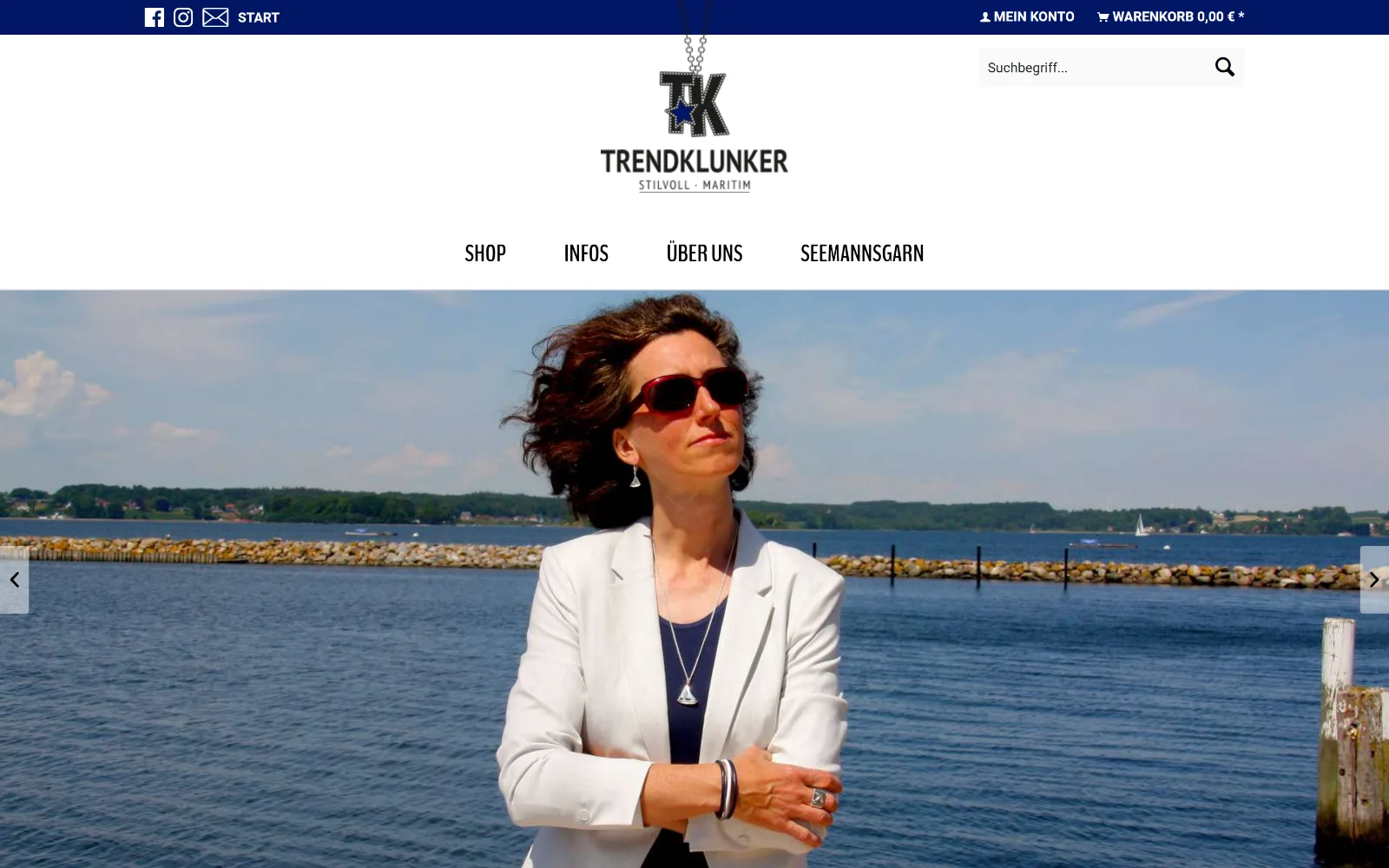 Startseite von Trendklunker am Desktop mit Logo, Shop-Navigation und maritimem Titelbild