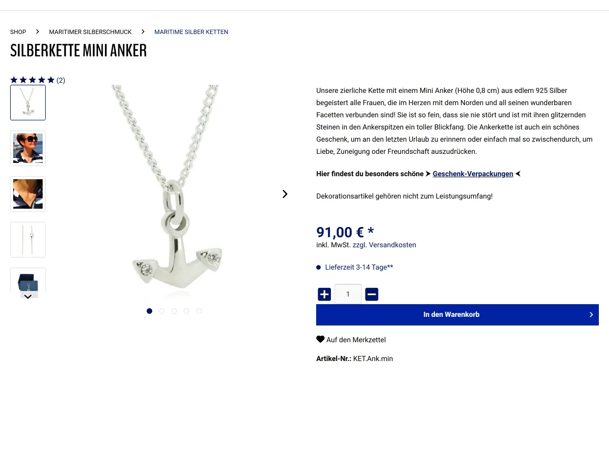 Produktseite von Trendklunker mit Bildergalerie, Preis und Warenkorb-Button