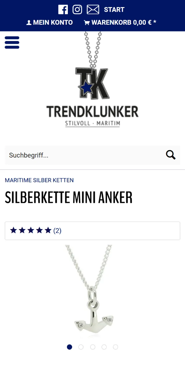 Produktseite „Silberkette Mini Anker“ von Trendklunker auf dem Smartphone